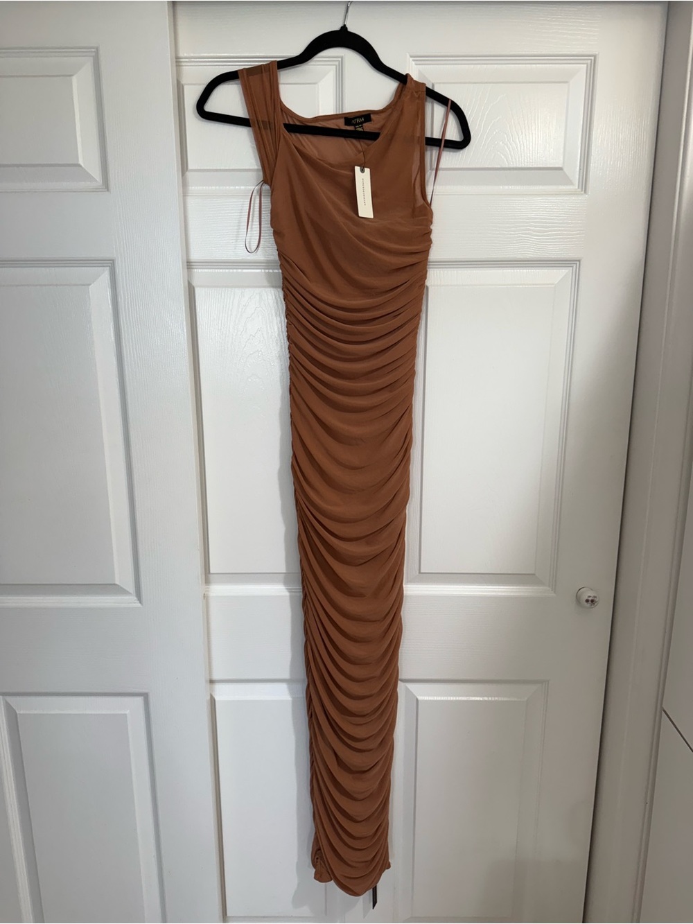 AFRM Sleeveless Ruched Maxi Dress in Camel Brown